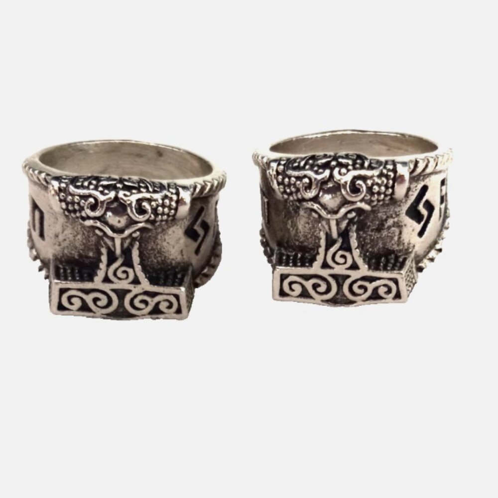 Viking Thor’s Hammer Mjölnir Rings Pair Silver Tone Norse Celtic Jewelry Sz 8-9
